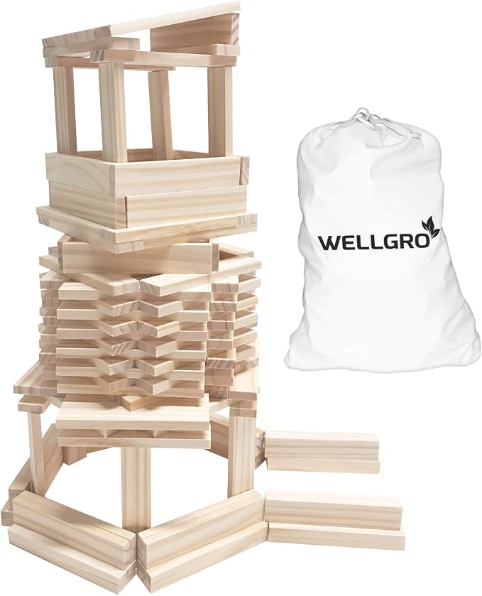 WELLGRO Natur-Holzbausteine – 350 Stück mit Beutel